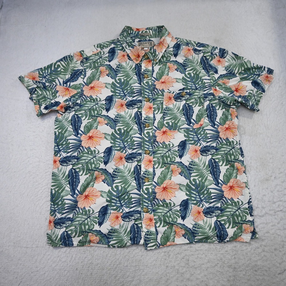 Duluth Trading Co Button Up Mens XL Slim Fit White Floral Tropical Short Sleeve - Picture 5 of 9